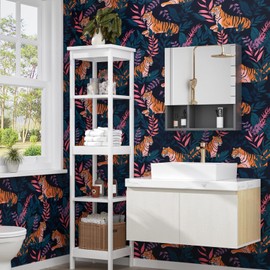 Fvlow Tiger Wallpaper Peel and Stick Vintage Blue Tiger Floral Contact Paper Retro Flower Wall Wallpaper Waterproof Self-Adhesive Wall Covering for Bedroom Countertop Desk Cabinet 17.4" x 118"