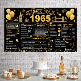 60th Birthday Decorations Black Gold, Back in 1965 Poster UK Happy 60th Birthday Decorations, Large Back in 1965 Backdrop Banner, 60 Years Anniversary Home Decor for Women Men