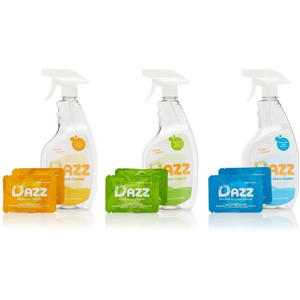 DAZZ Whole House Starter Kit (3 Reusable Spray Bottles, 6 Refills) Natural All Purpose Cleaner, Glass and Window Cleaner, and Bathroom Cleaner - Eco Friendly, Non Toxic