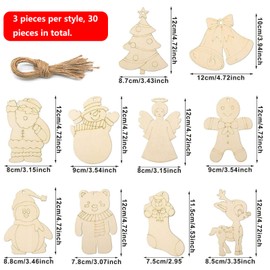 Pack of 30 Wooden Pendants Christmas for Painting, Wooden Christmas Tree Decorations DIY Santa Claus Snowman Angel Wooden Pendant Christmas Decorations Ornaments for Christmas Tree