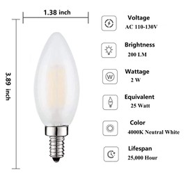 Beonllay LED E12 Light Bulb, 6 Pack, 25W Equivalent, 4000K Neutral White, Dimmable, Frosted Glass, Ceiling Fan, Chandelier, Edison Bulb, 200 Lumen, 2W, Unit Count: 6