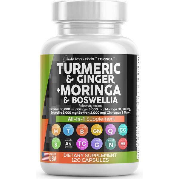 Turmeric Curcumin 30000mg Ginger 3000mg Moringa 50000mg Boswellia Saffron 2000mg - Joint Support Supplement for Women and Men with Ceylon Cinnamon, Quercetin, Tart Cherry Made in USA 120 Caps