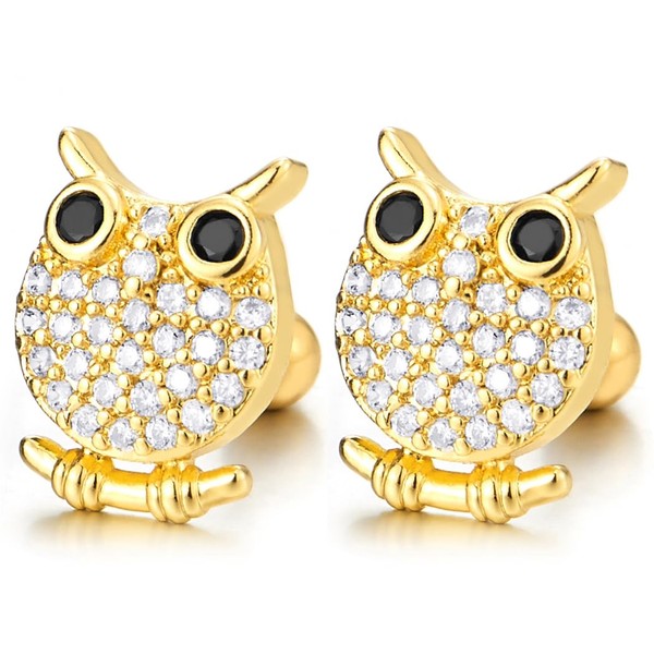Gold Color Whimsical Owl Stud Earrings with Cubic Zirconia Pave,