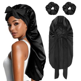 Starvortex Satin Bonnet, Large Silky Hair Bonnet for Sleeping with 2pc Satin Scrunchies, Adjustable Bonnet for Women, Satin Hair Wrap, Soft All Night Silk Bonnet for Long Hair Curly Hair Care, Black