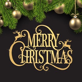 Maitys 15 x 10.8 Inches Large Metal Christmas Hanging Sign Merry Christmas Word Sign Rustic Metal Christmas Letters Wall Decor for Indoor Outdoor Yard Party Ornaments (Gold)