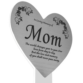 Eternally Yours Mom Memorial Grave Marker Plaque with Engraved Poetry for Mother “in Loving Memory of Mom”, Cemetery Ground Stake Sign Decoration, Heart, Silver Plaque, Clear Stake