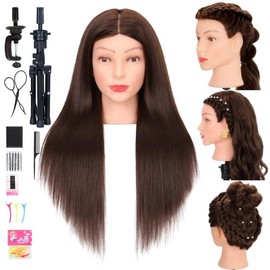 Mannequin Head with 80% Human Hair Cosmetology Practice Doll Head for Braiding Cutting Styling 26-28” Manikin Head with Tools and Tripod Stand (Brown)