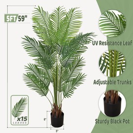 Roselywed Artificial Palm Tree 5FT 2 Pack with 15 Trunks & Realistic Leaves Faux Green Tropical Areca Palm Fake Floor Plants for Indoor Outdoor Garden Landscaping Decor Housewarming Gift (5FT, 2Pack)