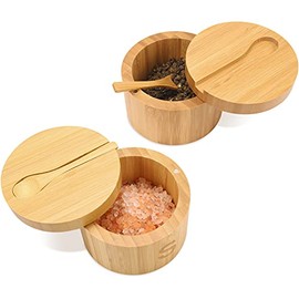 Bamboo Salt Cellar with Spoon by HTB, Kitchen Spice Containers with Magnetic Swivel Lids, 2 Seasoning Containers Set Engraved with S and P
