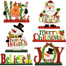 LATERN 6Pcs Christmas Table Decorations, Wooden Tabletop Christmas Sign Merry Christmas Joy Believe Sign Snowman Reindeer Centerpiece for Christmas Holiday Party Indoor Farmhouse Decoration