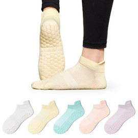 Bearbay 5 Pairs Pilates Socks for Women - Non Slip Grip Socks for Yoga, Barre, Hospital, Barefoot