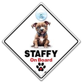 Staffy On Board Sign, Dog Car Sign for Staffordshire Bull Terrier, Staffie Dog Advisory Car Sign Designed to Notify of Dog in Car 14 cm x 14cm x 2cm