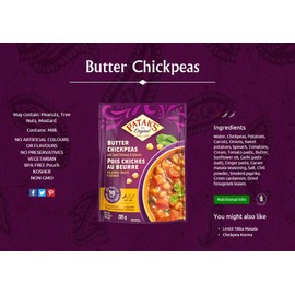 Patak's Butter Chickpeas & Veggies, Flavorful mild curry is made with chickpeas, spinach, carrots, and a balanced melody of other veggies, Ready to Heat Vegetarian Meals (Pack of 6)