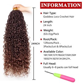 8 Packs Goddess Locs Crochet Hair,24 Inch Boho Faux Locs Crochet Hair,Curly Faux Locs Crochet Hair,Hippie Locs,Pre-Looped Messy River Bohemian Locs Hair,Synthetic Braids Hair Extensions (T30#,24Inch)