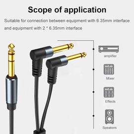 Tunghey 1/4 Insert Cable - TRS Stereo to Dual Right Angle TS Mono Y-Splitter Breakout Cable - 6.35mm Male Connectors - 1.5M