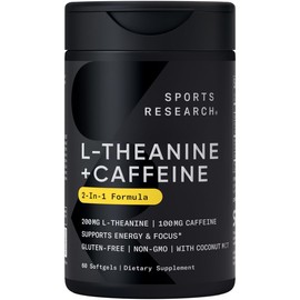 Sports Research L-Theanine Supplement with Caffeine & Coconut MCT Oil - Focused Energy, Alertness & Relaxation Without Drowsiness - 200mg L Theanine, 100mg Organic Caffeine - 60 Liquid Softgels
