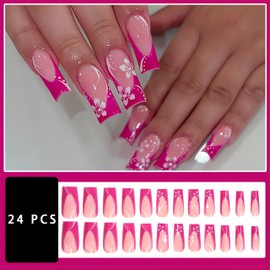 Pink French Press on Nails Long Square Fake Nails with White Flowers Designs Glossy False Nails Full Cover Pink Gradient French Tip Acrylic Nails for Women Girls DIY Manicure Decoration 24Pcs