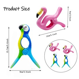 CAVLA 4 Pcs Beach Towel Clips, Lounge Chairs Clips, Flamingo Parrot Towel Clips for Beach Chairs, Strong Towel Clips for Keep Your Cloth or Towel from Blowing, Cruise Beach Patio, Pool Accessories