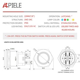 APIELE 15 Amp 22mm Latching Push Button Switch 110V-220V Angel Eye LED Waterproof Round Self-Locking 7/8'' 1NO 1NC 1 Pack (Silver Stainless Steel, Green)
