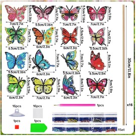 Lymshine Pack of 16 Diamond Painting Butterfly Garden Stake - Diamond Painting Spring Butterfly Decoration Diamond Butterfly Decoration Garden Diamond Painting Art for Garden Decoration