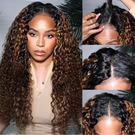 UNICE V Part Wig Human Hair Curly No Leave Out Balayage Brown Highlight Glueless Human Hair V Part Clip in Wigs Beginner Friendly No-Sew In No Glue 20 inch