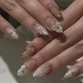 Nude Press on Nails Medium Almond Fake Nails 3D Flower Water Droplet Ripple Designs Gold Beads Rhinestones Charms False Nails Glossy Full Cover Glue on Nails Summer Acrylic Nails Kit for Women 24Pcs