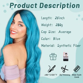 YESEGO Blue Wigs for Women, Long Curly Wavy Lace Hairline Wig, Middle Part Synthetic Heat Resistant Wig for Daily Party Use, Blue