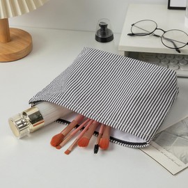 2 Pack Makeup Bags for Women,Large Cosmetic Organizer Pouches,Portable Travel Toiletry Bags Cute Small Brushes Storage Pouch with Zipper for Purse,Stripe Black