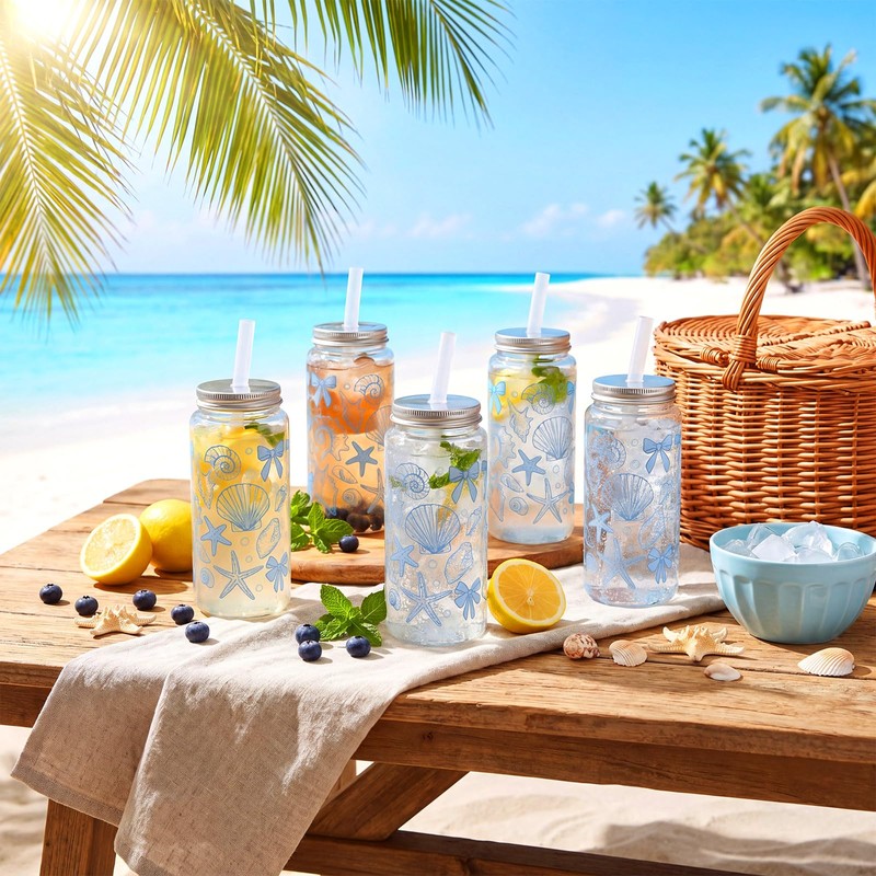 Meanplan 36 Pack Ocean Coastal Plastic Cups with Lids and