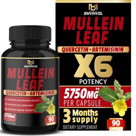 Mullein Leaf Capsules 𝟓𝟕𝟓𝟎𝐦𝐠 Strength w. Quercetin, Artemisinin, Quinine - Herbal Supplement Supports Healthy Respiratory Function & Mucous Membranes - 𝟑 𝐌𝐨𝐧𝐭𝐡 Supply