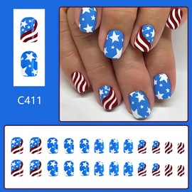 LPOODDNU 4th of July Press on Nails Short Square Fake Nails with Star and Stripe Designs Cute Independence Day Nail Art Decorations Blue Red Glue on Nails Glossy Stick on Nails, 24Pcs
