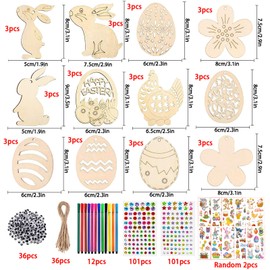 SZ Lucky Sheeps 324 Pieces Easter Crafts Children, Wooden Pendants Easter for Painting, Easter Wood Painting, Crafts Easter Children, with Wooden Pendant, Watercolour Pen, Rhinestone Eye Rope Sticker (Yellow B)