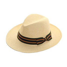 Straw Crushable Foldable Summer Fedora Panama Trilby HAT with Wide Bow Trim Band (Green Band)