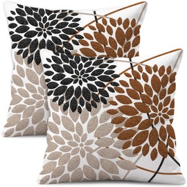 WitHero Decorative Throw Pillow Covers Set of 2, Double-Sided 16x16 inch White Linen Brown Tan Black Pillow Cases, Farmhouse Indoor Outdoor Modern Floral Dahlia Flowers Cushion Cover for Couch Sofa