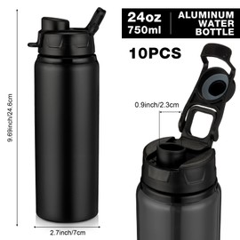 Shellwei 10 Pcs Aluminum Metal Water Bottles Bulk 24 oz Lightweight Leak Proof Sports Water Bottle with Snap Lid Reusable Bottle for Travel Camping Hiking(Black)