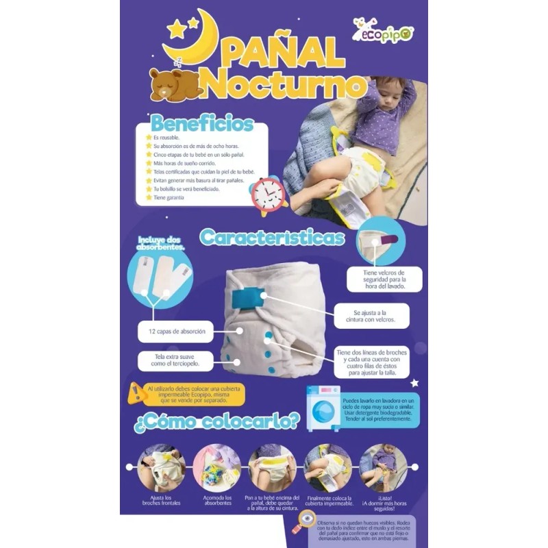 Pack 2 Pañales Nocturnos + 1 Cubierta Estampada Ecopipo