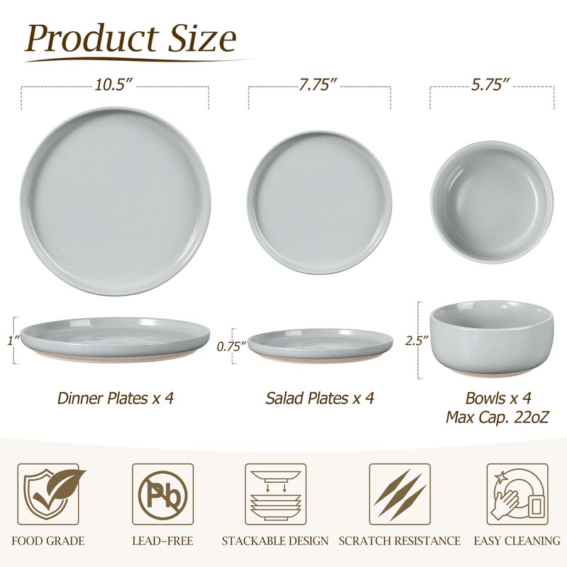 LIANYU Stoneware Dinnerware Sets for 4, 12-Piece Kitchen Dinner Dish