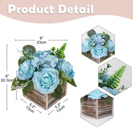 DILATATA Flower Arrangement with Wooden Vase 8" Artificial Flowers in Pot - Fake Flowers Roses Peonies Hydrangeas in Wooden Vase Potted Flower Centerpieces for Table Decor Living Room - Dusty Blue