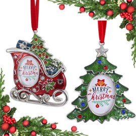 Christmas Tree Hanging Ornament Holiday Metal Xmas Tree Party Indoors Home Family Holiday Sleigh Picture Frame Ornament Party Tree Hanging Decoration Keepsake Gifts (Tree Sleigh,2)