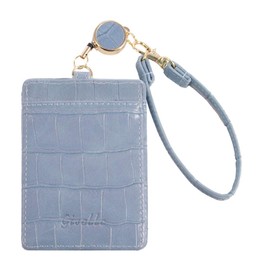 Giselle Men’s/Women’s Pass Case w/ Reel, Commuter Pass Case, ID Card Holder, IC Card Case, Employee ID Card Case, Double-Sided, w/ Strap, Commuting to Work or School, Crocodile-Style Embossing, Baby Blue/Baby Blue (embossed)