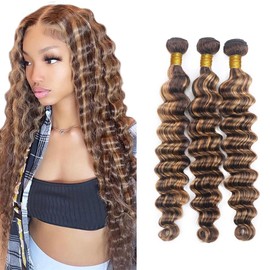 4/27 Human Hair Bundles 30 32 34 Inch Ombre Deep Wave Bundles Highlight Honey Brown Bundle Unprocessed Brazilian Remy Hair Extensions Loose Deep Curly Bundle 3Pcs/Set Deals
