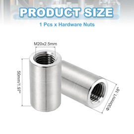 MECCANIXITY 1Pcs M20x2.5x50mm Round Coupling Nuts, Stainless Steel Connector Nut Fasteners Rod Hardware Nuts 30mm OD for Threaded Rod, Industrial Construction Fasteners, Silver