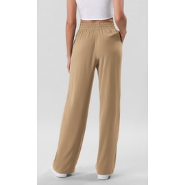 ODODOS Chiffon Flowy Wide Leg Pants for Women Lightweight High Waist Pull-On Pants with Pockets, 29" Inseam, Khaki, Small