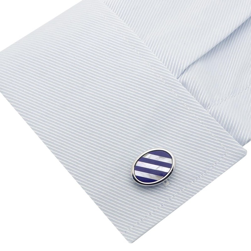 ブルー ブラック ストライプ チェック オーバル シェル カフス カフスボタン カフリンクス (ブルー