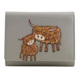 Mala Leather Soft Leather Highland Cow Mother Daughter Small Trifold RFID Wallet, gray, S, highland cow