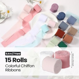 Newwiee 105 yd Chiffon Silk Ribbon 15 Rolls 1.5" Fringe Ribbon Fabric Chiffon Ribbons for Bridal Flower Bouquet Wedding Invitations Gift Wrapping Decor DIY Crafts(Cream Color)