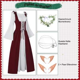 FOVER Renaissance Costume Gothic Clothing Women's Medieval Renaissance Dress Vintage Dresses Carnival Costume Pirate Cosplay Outfit with Head Chain Flower Wreath Elf Ears Knee-High Stockings FR059L