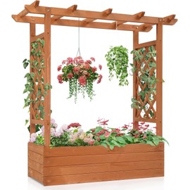 45"Raised Garden Bed w/ Trellis, Wood Planter Box with Hanging Roof,Side Trellis