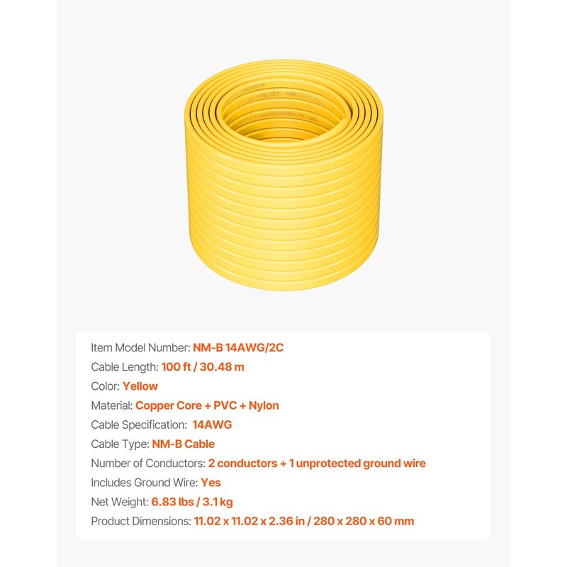 VEVOR NM-B Wire, 14AWG/2C Non-Mettalic Residential Indoor Electrical Wire with