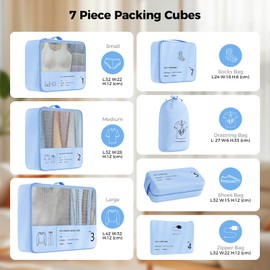 Suitcase Organiser, Yomisee Packing Cubes, 7-Piece Suitcase Organiser Set, Packing Cube Set, Travel Clothes Bags, Travel Organiser, Packing Bags for Suitcases (Blue)